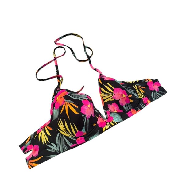Shade & Shore Swim Bikini Top 38DD | Tropical Floral Push-Up Halter Black Multic - Picture 3 of 3